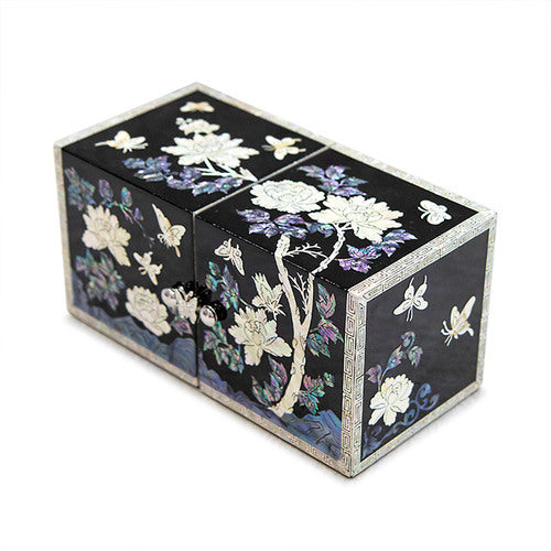 Peony NaturalMother of Pearl Double Lidded Jewelry Box (Medium, Glossy, Black) - Oh Myung - Ho