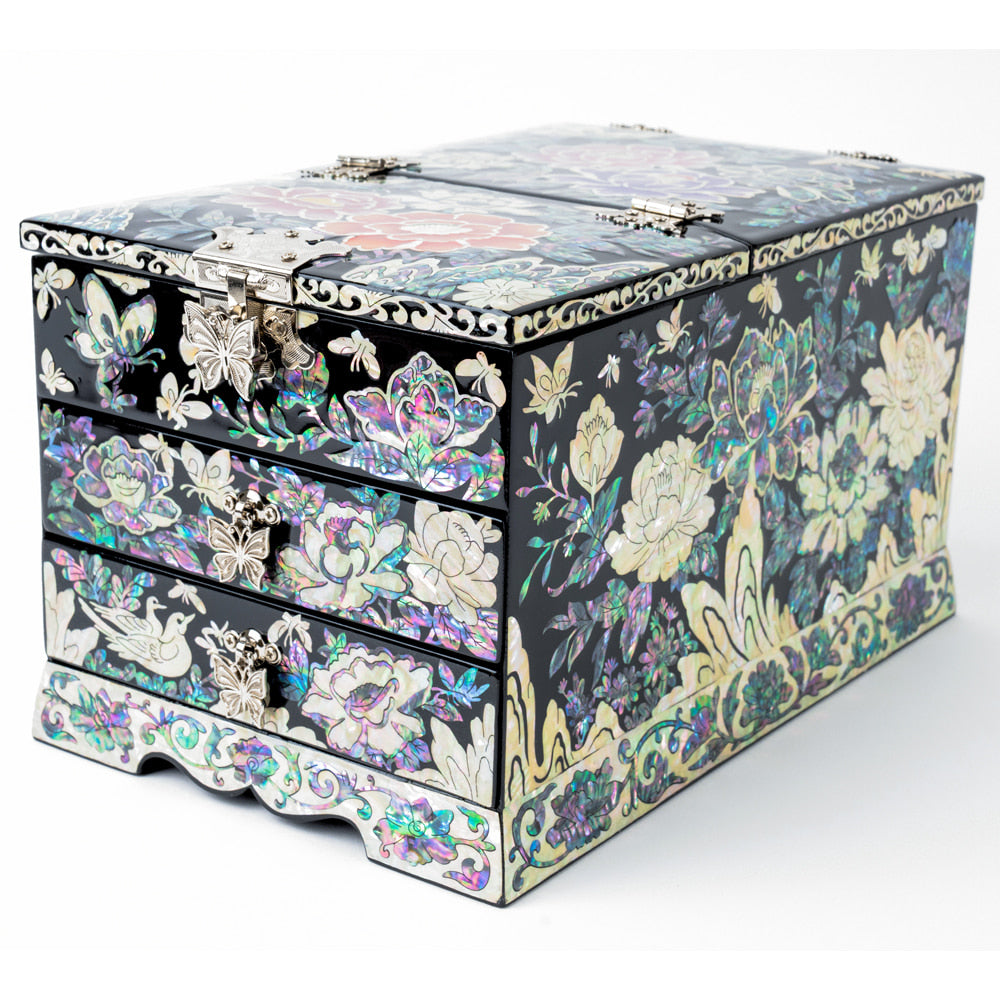 Najeonchilgi Lacquerware Mother of Pearl VanityJewelry Box Peony Motif 김길수