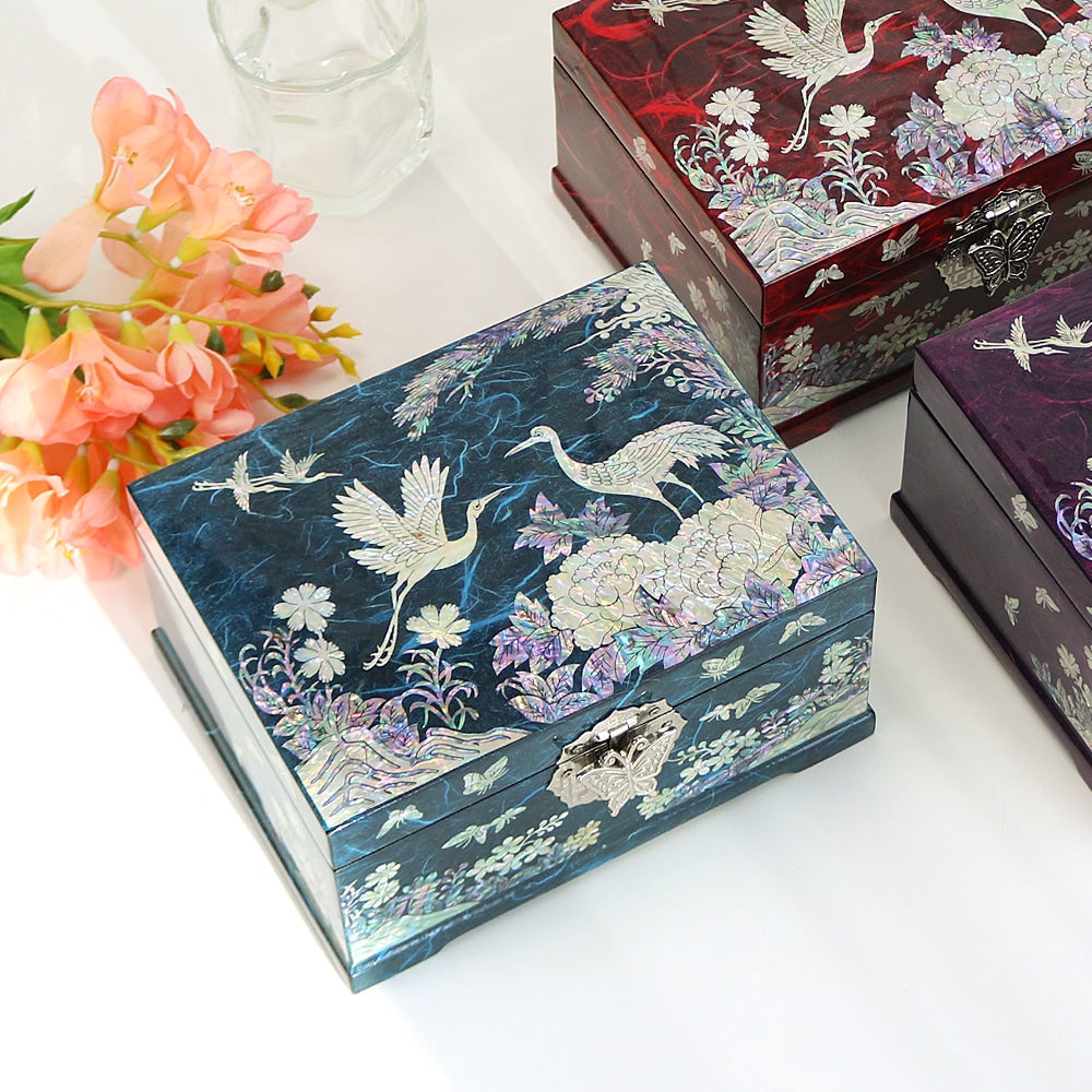 Najeonchilgi Peony Pine & Crane Hanji Mother of Pearl Jewelry Box, 18 cm