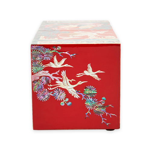 Square Crane & Pine Double Lidded Mother of Pearl Jewelry Box (소 - Red, Black)