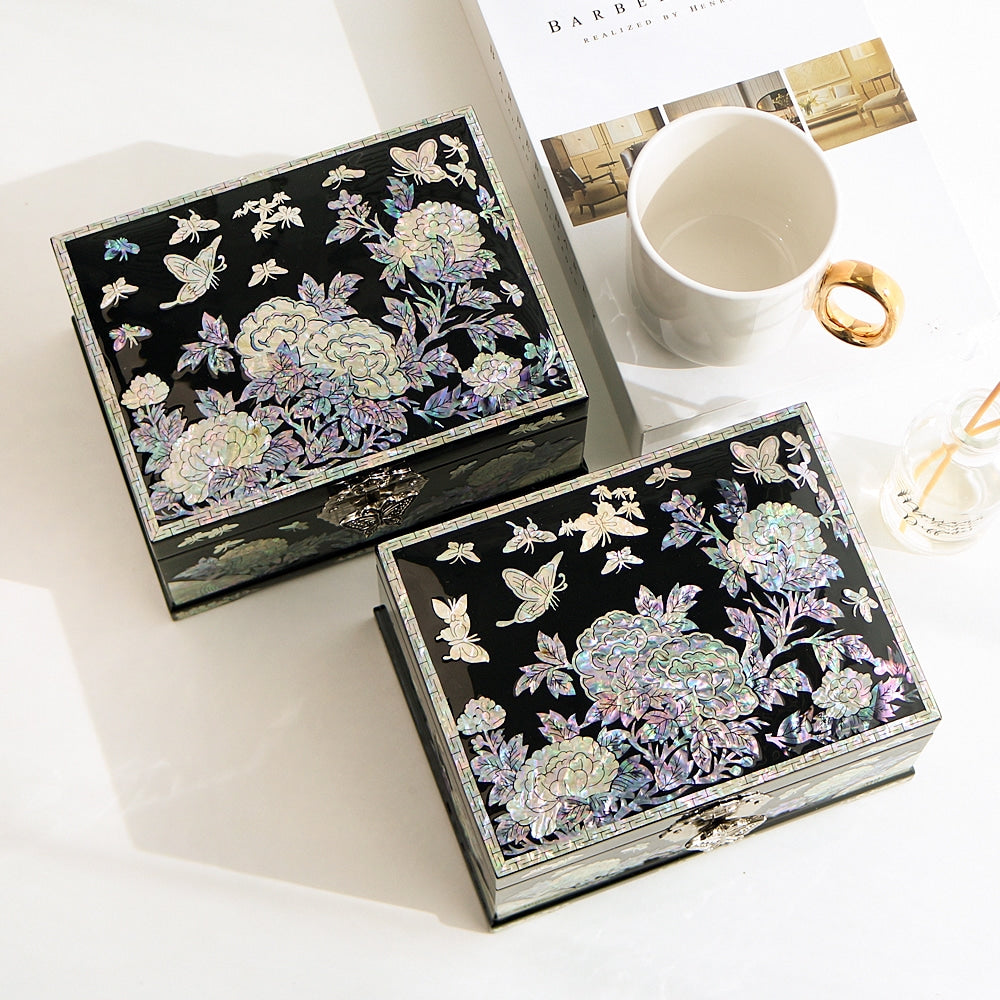 Najeonchilgi Peony Flower 2-Tier Mother of Pearl Jewelry Box Black, 18 cm