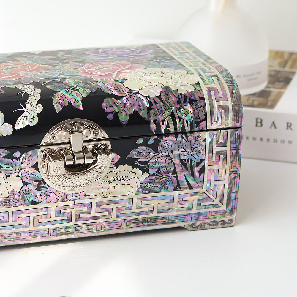 Najeonchilgi Painted Peony of Wealth Rounded Mother of Pearl Jewelry Box, 24 cm
