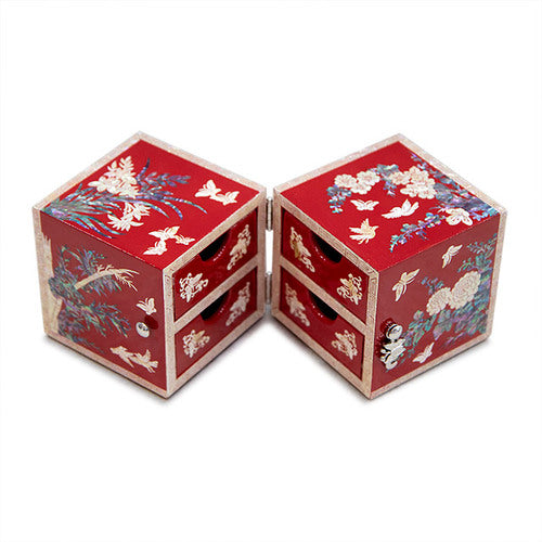 Four Gracious Plants NaturalMother of Pearl Double Lidded Jewelry Box (Medium, Glossy, Red) - Oh Myung - Ho