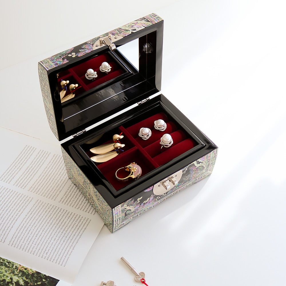 Najeonchilgi Rounded Pine & Crane Black 2-Tier Mother of Pearl Jewelry Box, 18 cm (Master Artisan Jang Tae-bok)