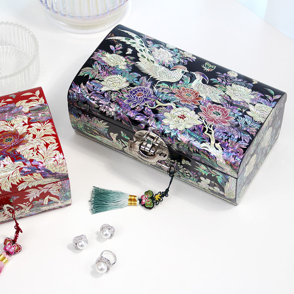 Premium Yedan Jewelry Box Peony of Wealth Rounded Mother of Pearl Jewelry Box Black Najeonchilgi Jewelry Box, 21 cm