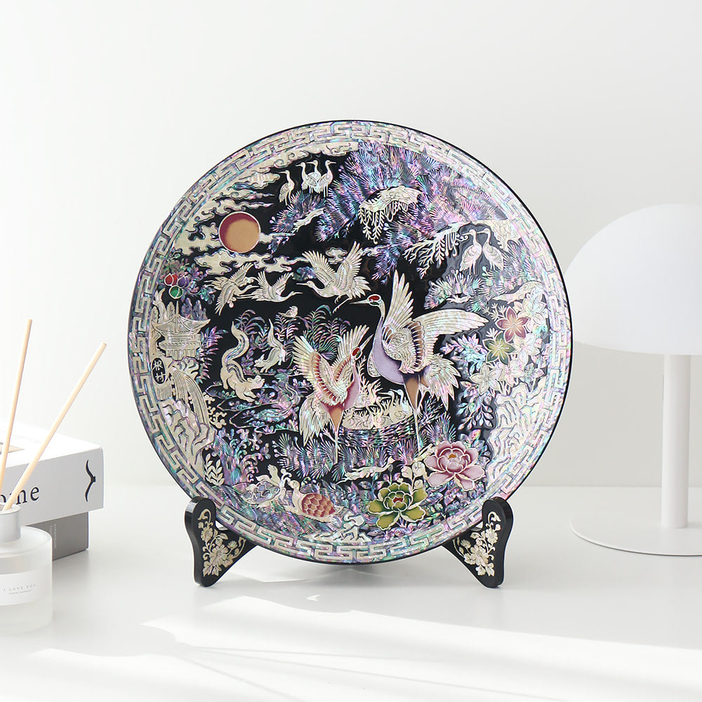 Najeonchilgi Crane Round Ornament Dragon Mother of Pearl Tray, 30 cm