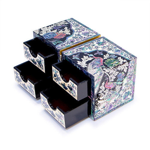 Peacock Double Lidded Mother of Pearl Jewelry Box (Medium, Black) - Oh Myung - Ho