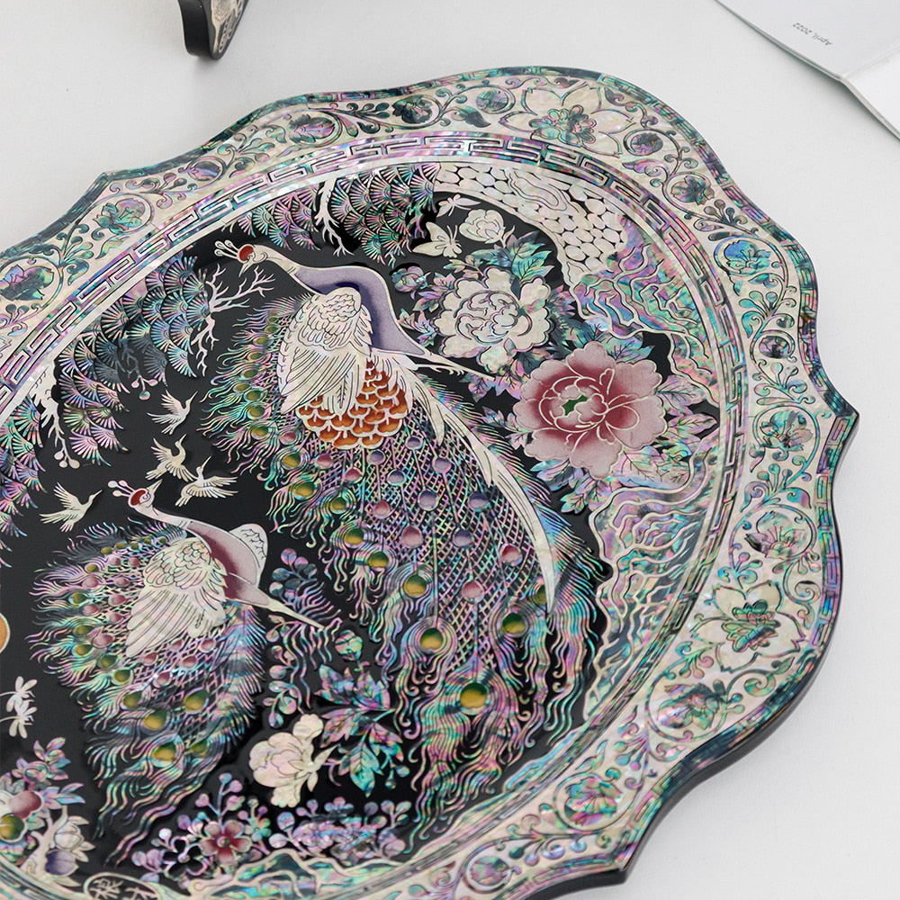 Masterpiece Najeon White Peacock Oval Tray Stand, 39 cm (Master Artisan Kim Young-man)