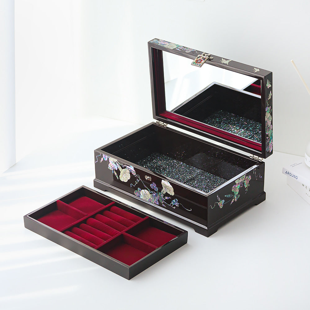 Masterpiece Najeonchilgi Flower Painted Flowers 2-Tier Mother of Pearl Jewelry Box, 30 cm