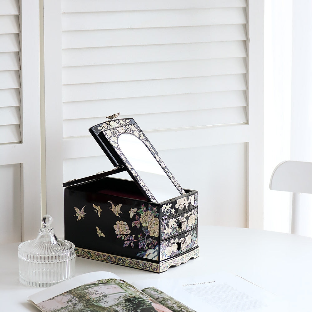 Najeonchilgi Painted Peony of Wealth Mother of Pearl Vanity Mirror Jewelry Box