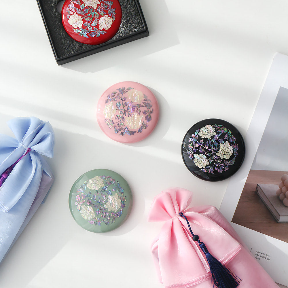 Najeonchilgi Round Vivid Mother of Pearl Hand Mirror (Peony)