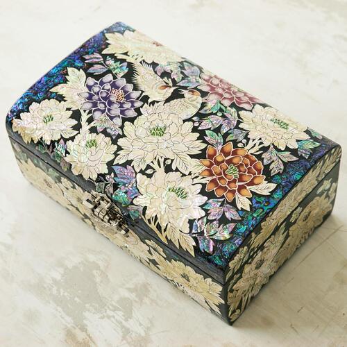 Blue mother of pearl peony jewelry box, 30 cm - back view