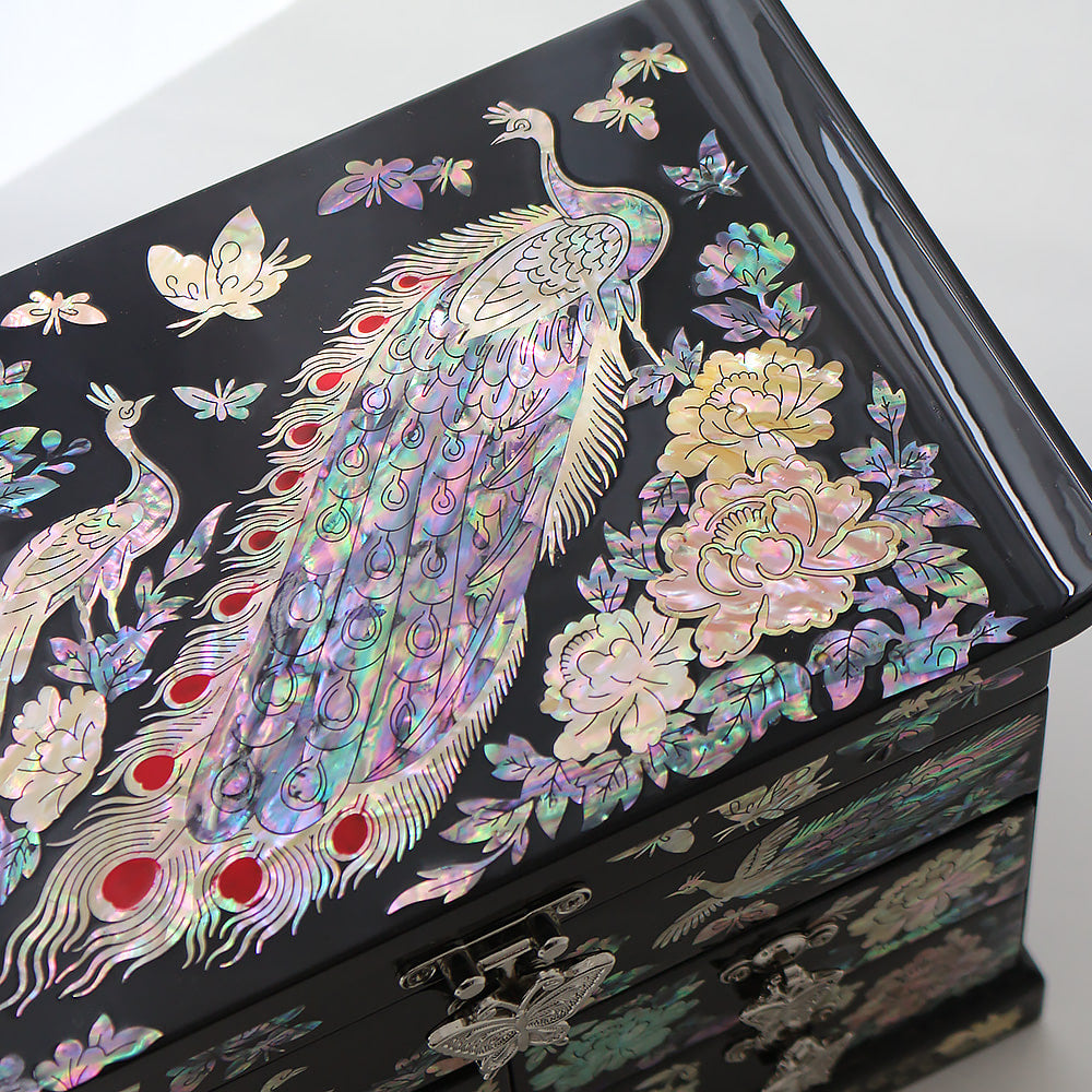 Najeonchilgi Peacock Flower 4-Tier Drawer Mother of Pearl Jewelry Box (Medium)