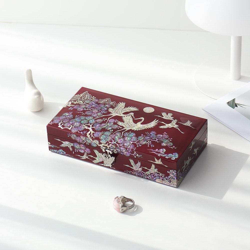 Najeonchilgi 1-Tier Pine & Crane Yedan Jewelry Box H Jewelry Box Yedan Wedding Gift Box Mother of Pearl, 23 cm