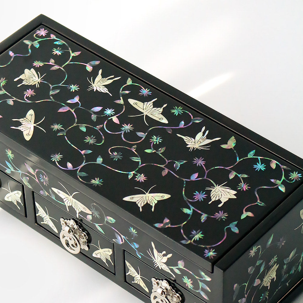 Najeonchilgi Arabesque Butterfly 3-Tier Drawer Mother of Pearl Jewelry Box, 23 cm