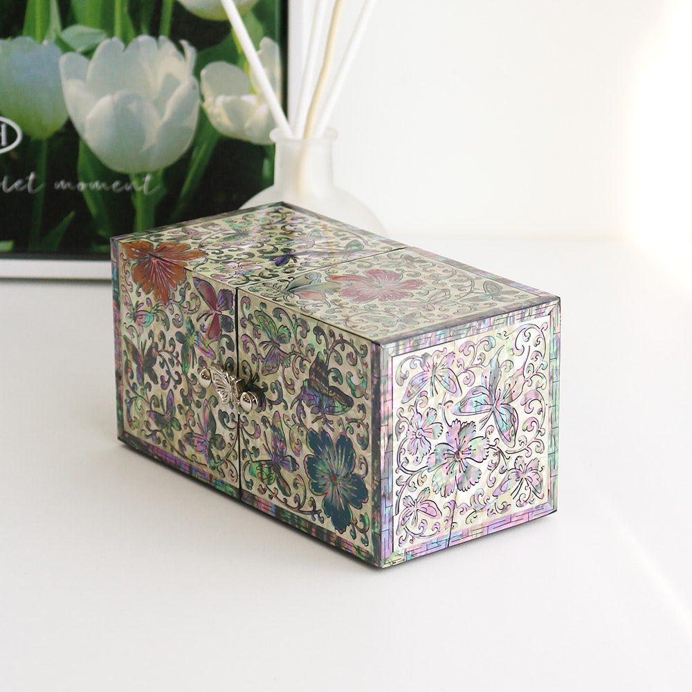 Najeonchilgi Painted Flower & Butterfly Double-Lidded Mother of Pearl Jewelry Box Black (Master Artisan Jang Tae-bok)