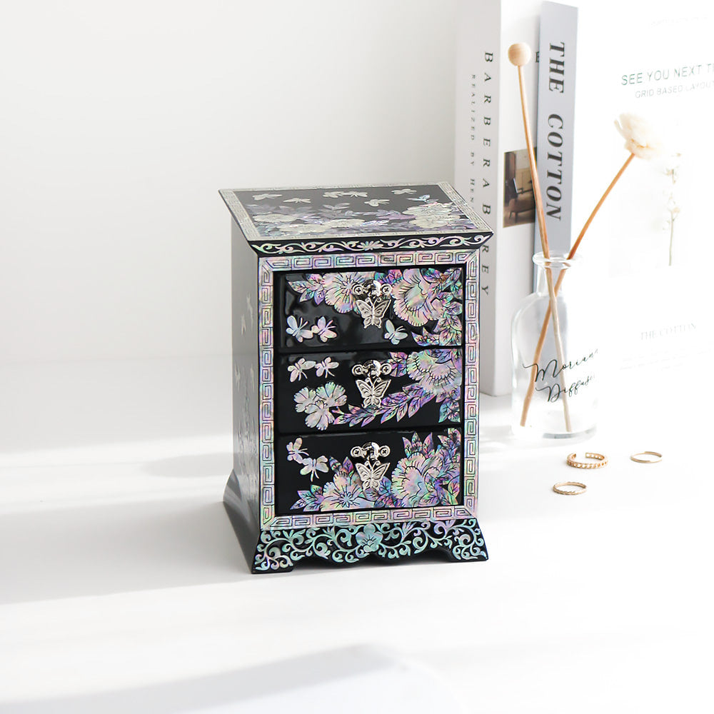 Najeonchilgi Peony Flower Arabesque 3-Tier Drawer Mother of Pearl Jewelry Box
