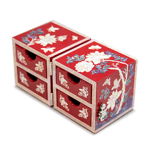 Peony NaturalMother of Pearl Double Lidded Jewelry Box (Medium, Glossy, Red) - Oh Myung - Ho