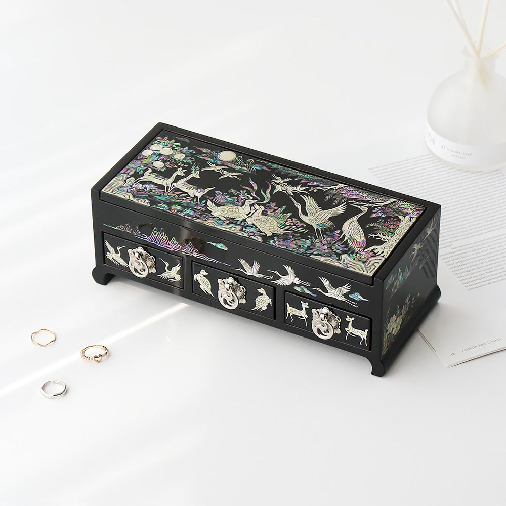 Najeonchilgi Ten Symbols of Longevity 3-Tier Drawer Mother of Pearl Jewelry Box, 23 cm