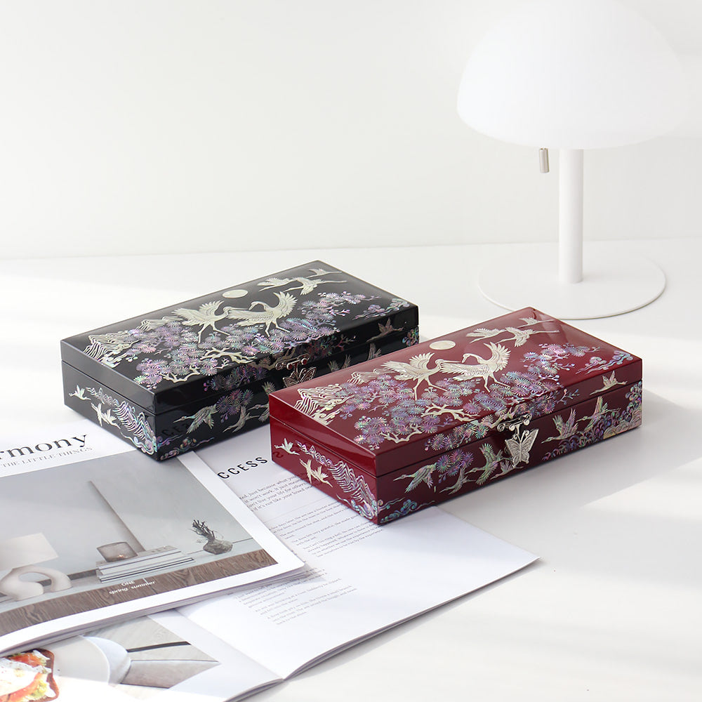 Najeonchilgi 1-Tier Pine & Crane Yedan Jewelry Box H Jewelry Box Yedan Wedding Gift Box Mother of Pearl, 23 cm