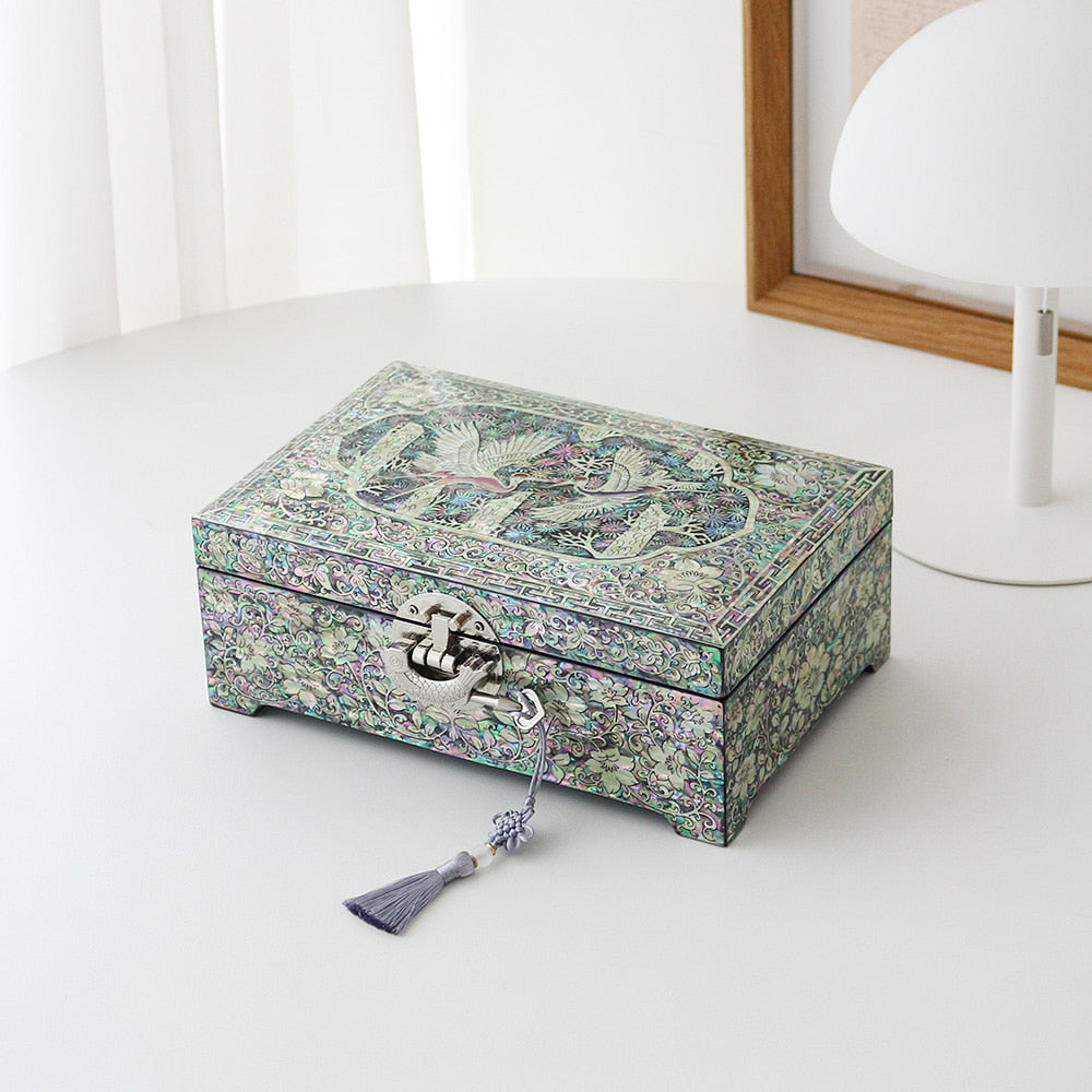 Najeonchilgi 2-Tier Joseon Style Mother of Pearl Jewelry Box Pine & Crane Black, 24 cm (Master Artisan Jang Tae-bok)