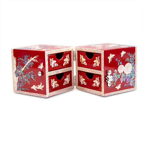 Four Gracious Plants NaturalMother of Pearl Double Lidded Jewelry Box (Medium, Glossy, Red) - Oh Myung - Ho