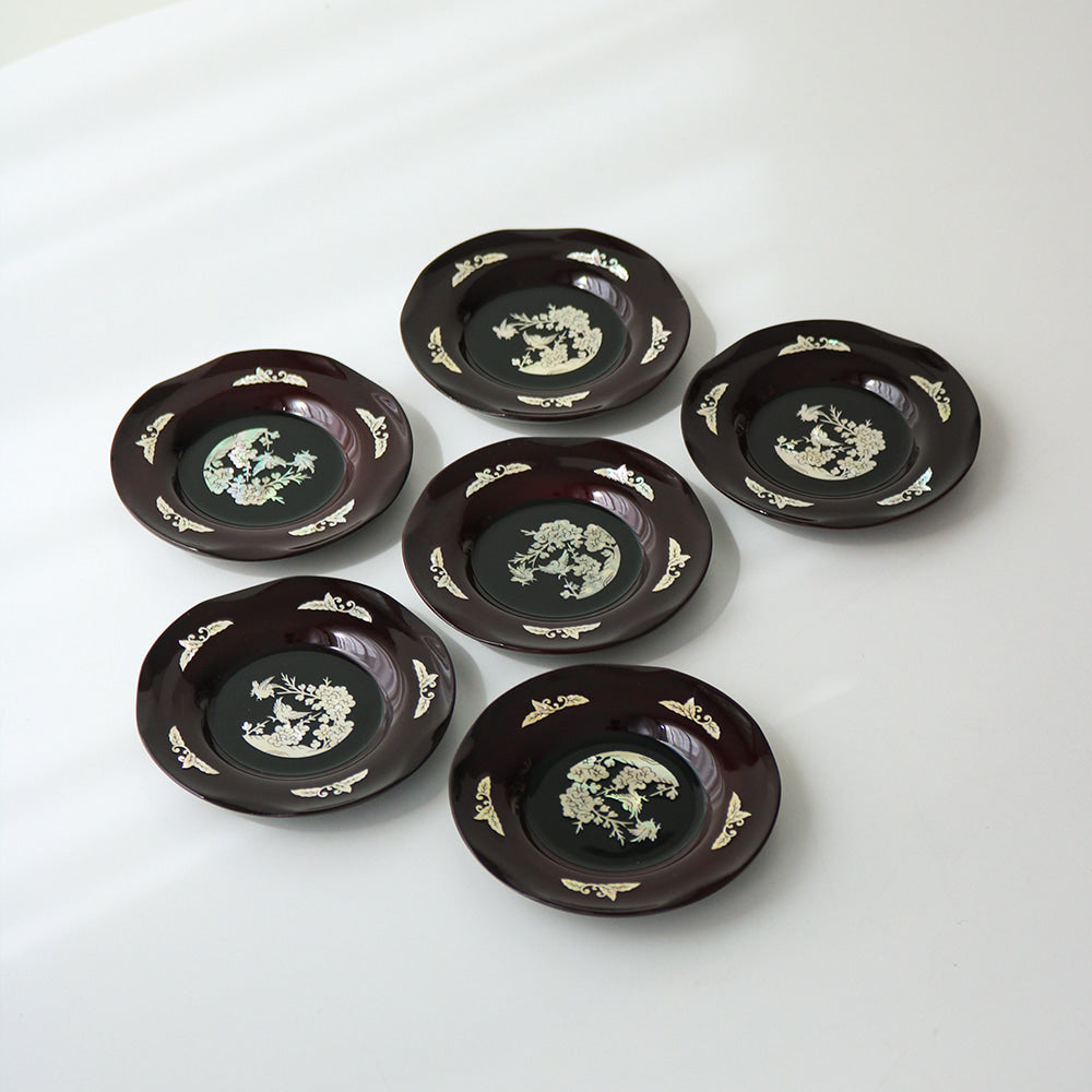 6-Piece Set: Najeonchilgi Arabesque Four Gentlemen Tea Coaster Set (Chrysanthemum) Mother of Pearl Coaster Traditional Coaster (Master Artisan Lee Won-geun)