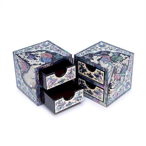 Peacock Double Lidded Mother of Pearl Jewelry Box (Medium, Black) - Oh Myung - Ho