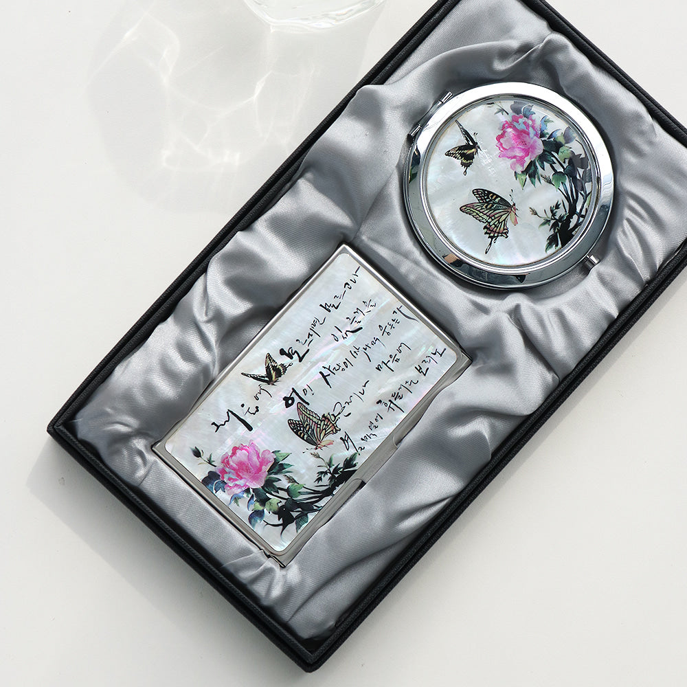 2-Piece Set: Mother of Pearl Business Card Case Mother of Pearl One-Touch Hand Mirror N