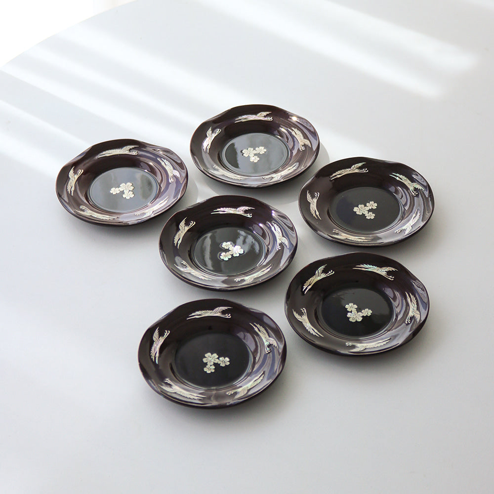 6-Piece Set: Najeonchilgi 5 Crane Tea Coaster Set Mother of Pearl Coaster Traditional Coaster (Master Artisan Lee Won-geun)