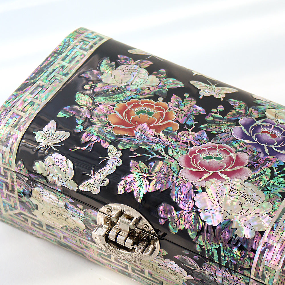 Najeonchilgi Painted Peony of Wealth Rounded Mother of Pearl Jewelry Box, 24 cm