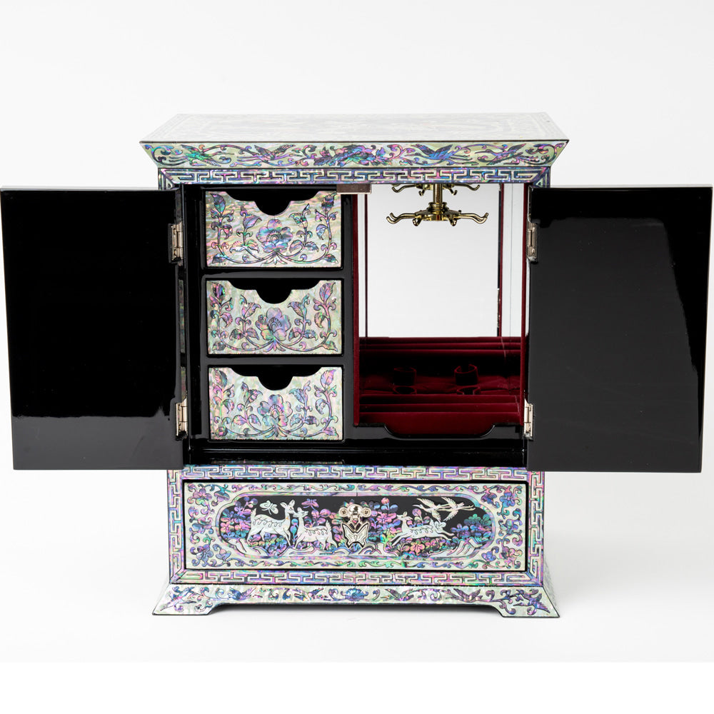 Peony Scholar 5-Drawer Mother of Pearl Jewelry Box Medium (Hanji, Blue)