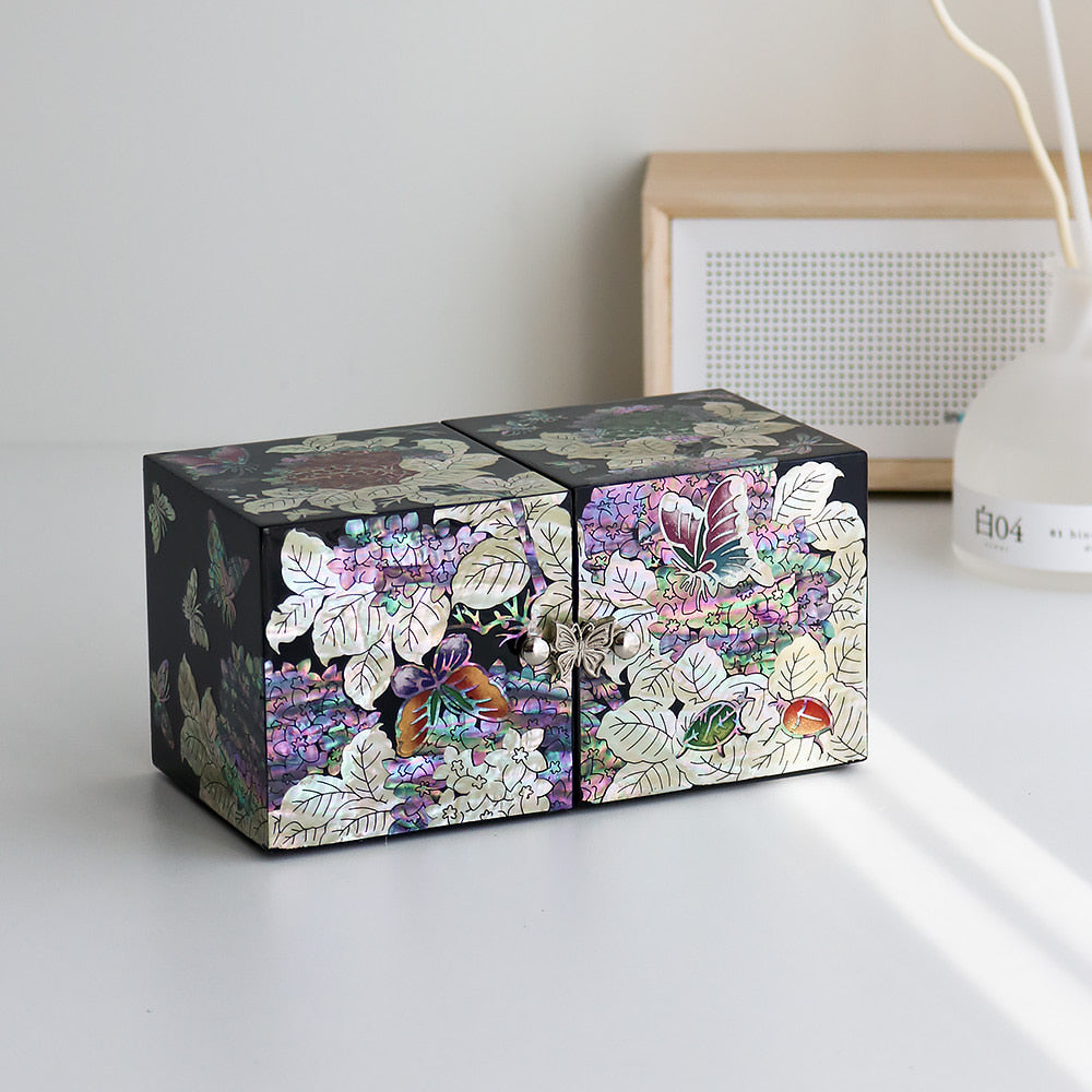 Najeonchilgi Hydrangea Double-Lidded Mother of Pearl Jewelry Box Black (Master Artisan Jang Tae-bok)