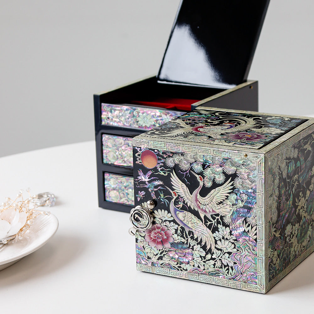 Masterpiece New Double-Lidded Golden Pheasant Large Black Mother of Pearl Jewelry Box