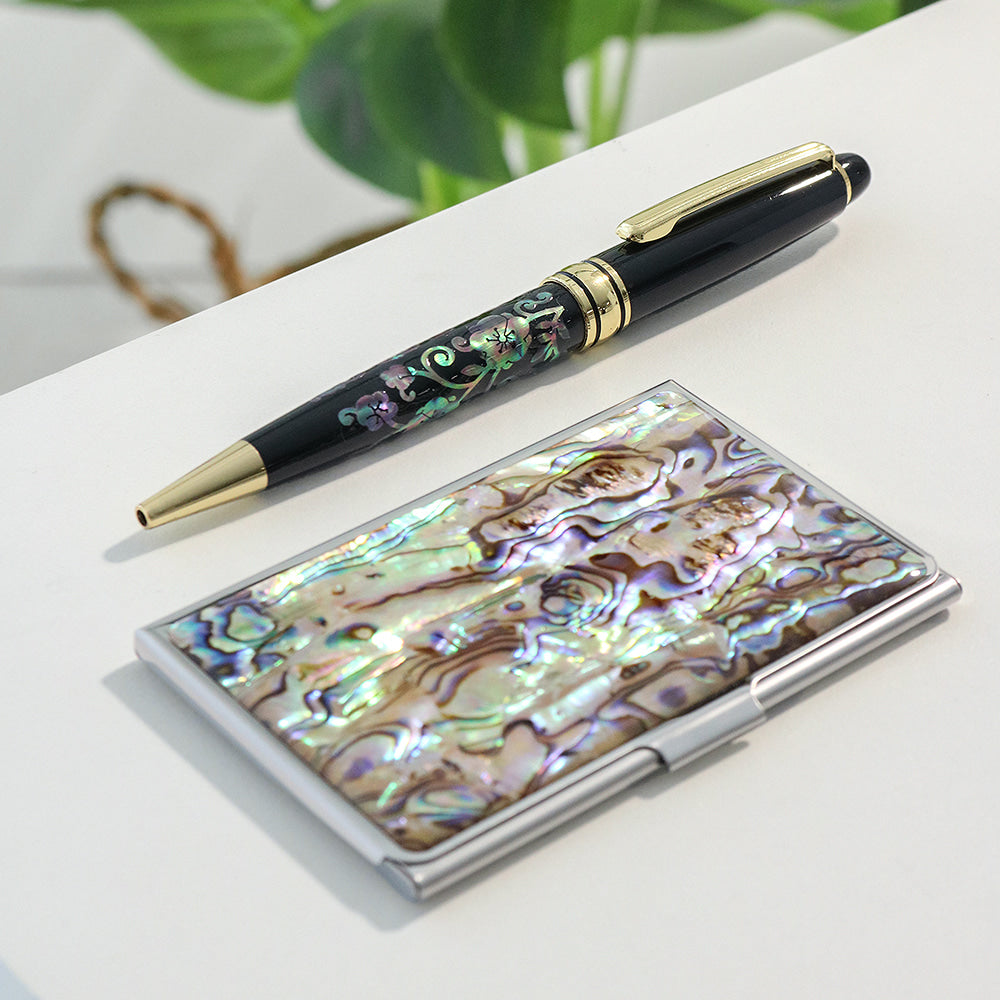 2-Piece Set: Premium Najeon Marbled Pattern Business Card Case Mother of Pearl Pen M