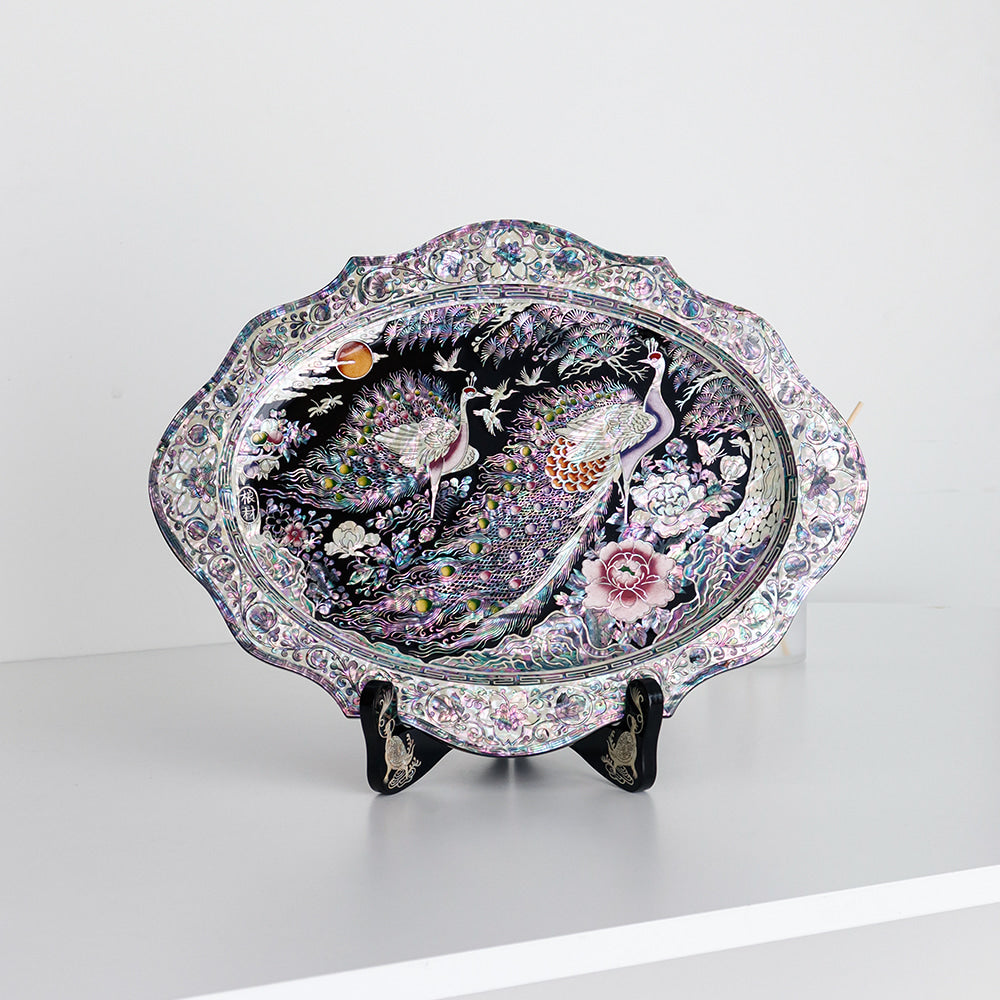 Masterpiece Najeon White Peacock Oval Tray Stand, 39 cm (Master Artisan Kim Young-man)