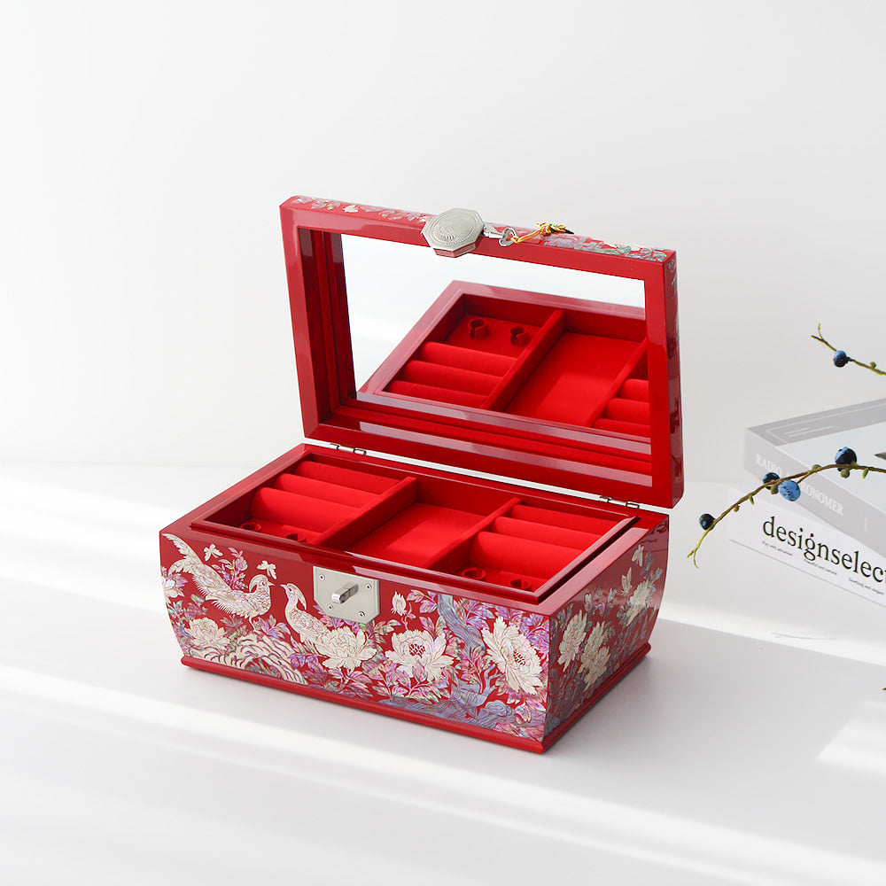 Masterpiece Najeonchilgi Peacock Peony of Wealth 3-Tier Rounded Mother of Pearl Jewelry Box, 30 cm