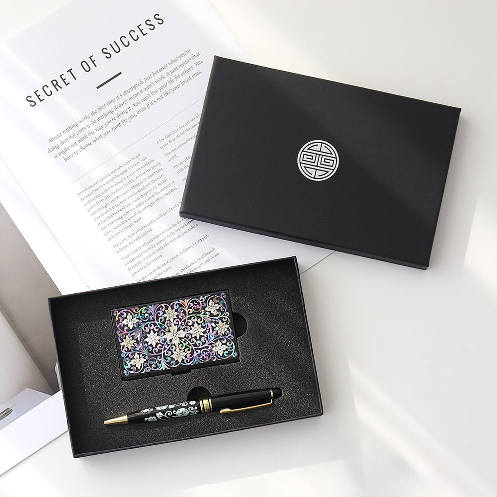 2-Piece Set: Carved Business Card Case K Mother of Pearl Pen Set