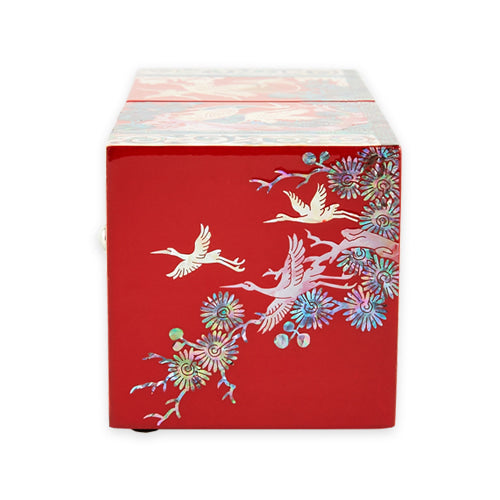 Square Crane & Pine Double Lidded Mother of Pearl Jewelry Box (소 - Red, Black)
