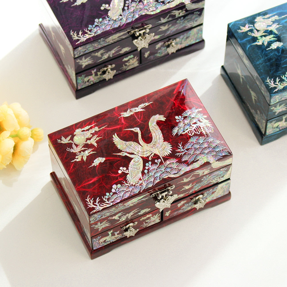Najeonchilgi 1-Tier Hanji Pine & Crane 2-Drawer Mother of Pearl Jewelry Box