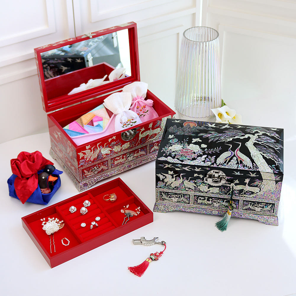 Premium Yedan Jewelry Box Peony of Wealth Rounded Mother of Pearl Jewelry Box Black Najeonchilgi Jewelry Box, 21 cm