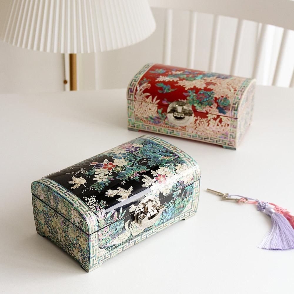 Najeonchilgi Painted Plum Blossom Rounded Mother of Pearl Jewelry Box, 21 cm