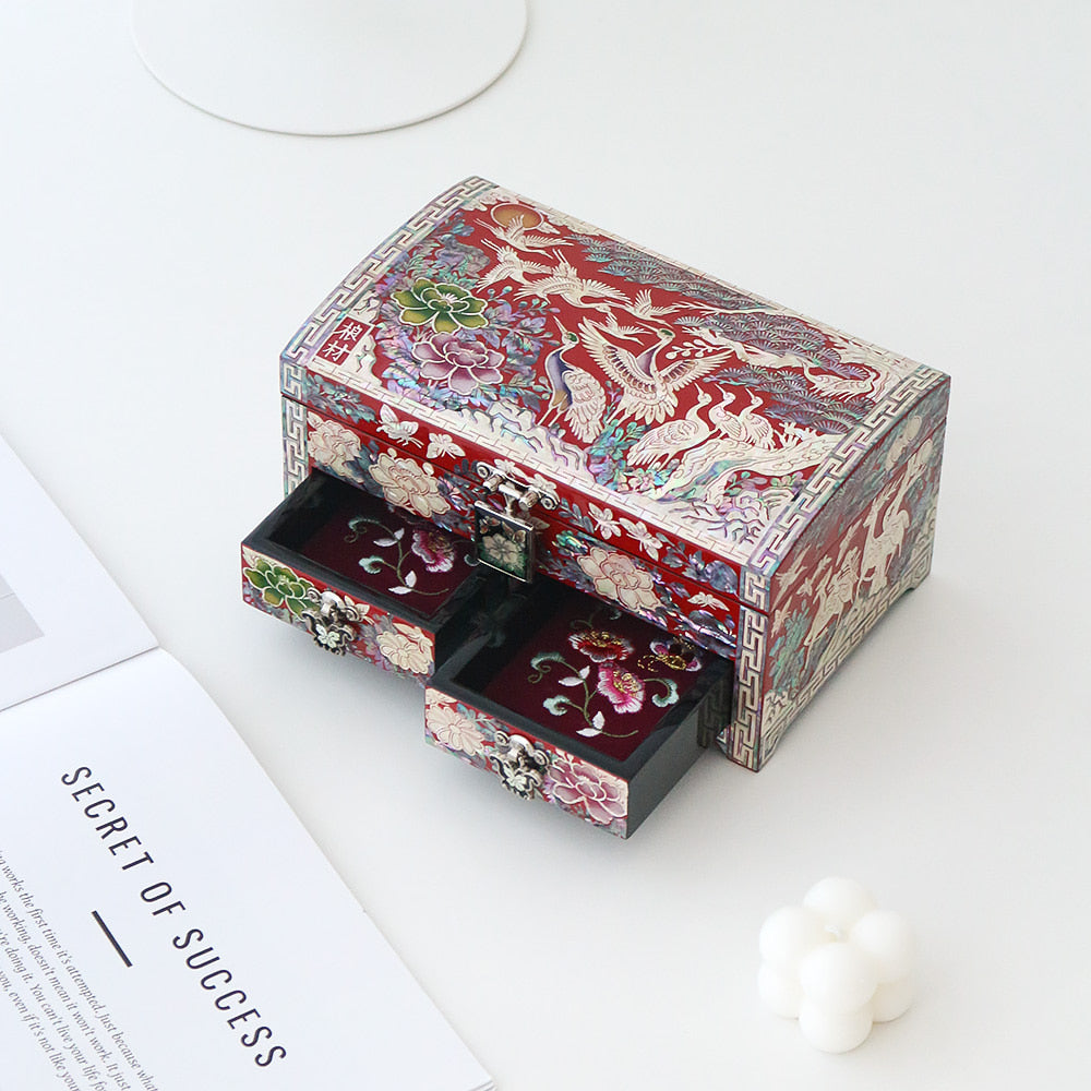Masterpiece Najeonchilgi New Pine & Crane 1-Tier Drawer Mother of Pearl Jewelry Box, 18 cm (Master Artisan Kim Young-man)