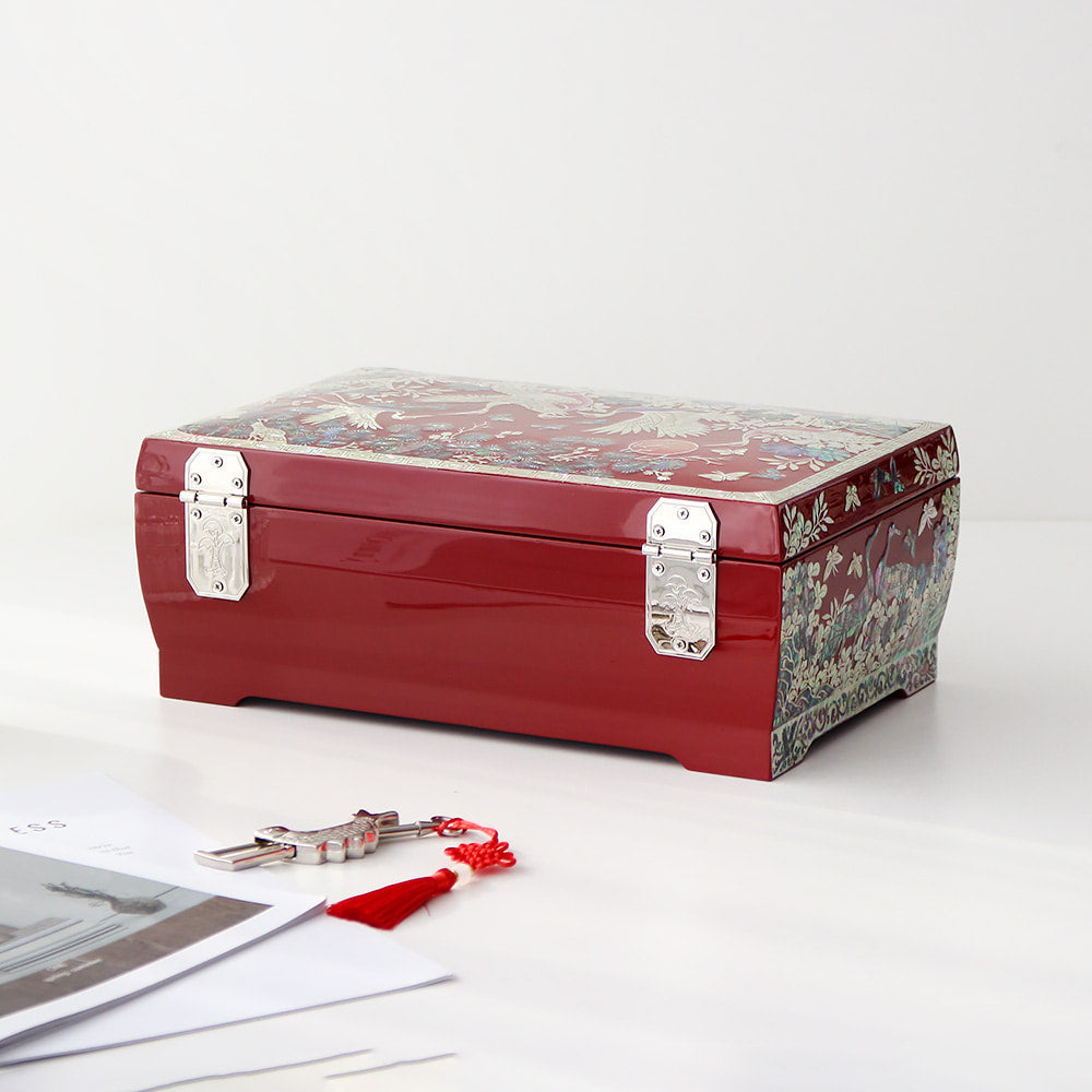 Masterpiece Najeon Large 2-Tier Flower Pine & Crane Jewelry Box, 30 cm (Master Artisan Jang Tae-bok)