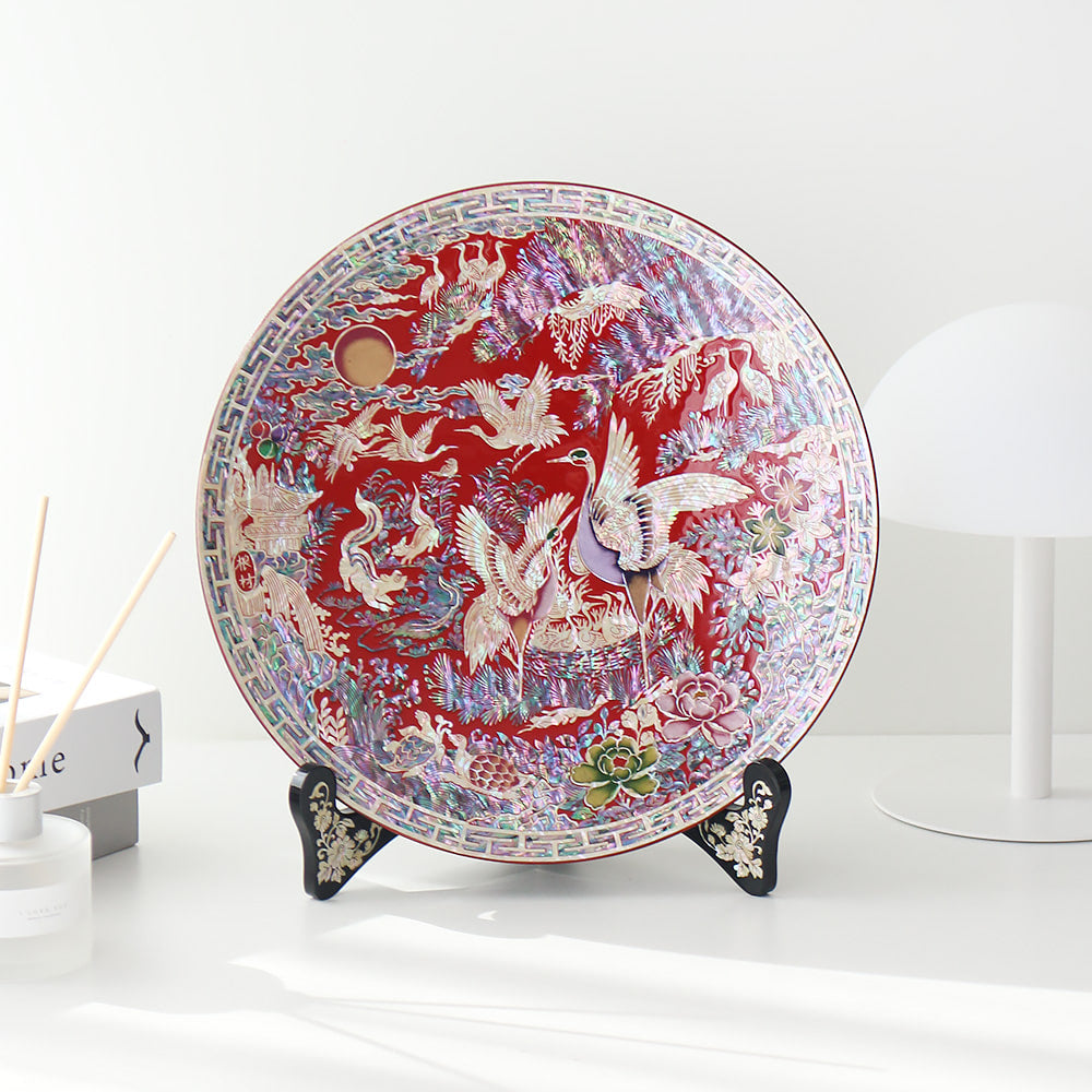 Najeonchilgi Crane Round Ornament Dragon Mother of Pearl Tray, 30 cm