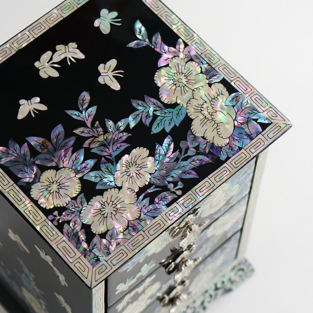 Najeonchilgi Peony Flower Arabesque 3-Tier Drawer Mother of Pearl Jewelry Box