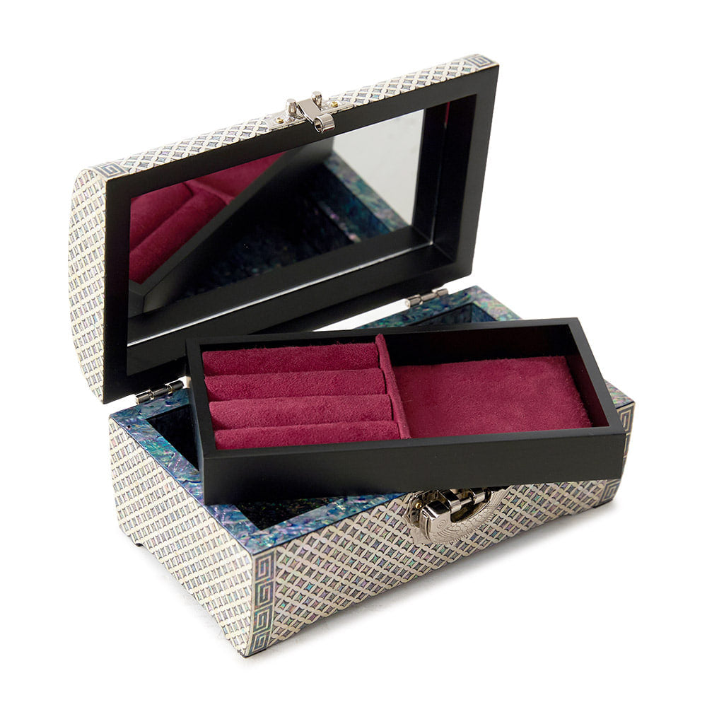 Seven Treasures jewelry box with mirror, removable tray and lower storage area