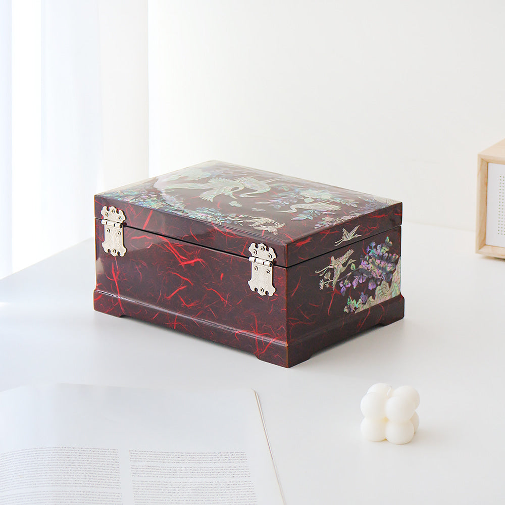 Najeonchilgi Hanji Flower Pine & Crane 2-Tier Mother of Pearl Jewelry Box, 21 cm