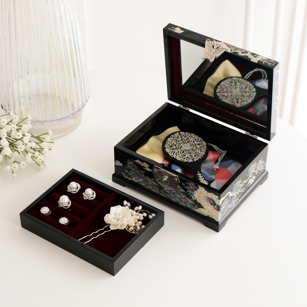 Najeonchilgi Pine & Crane Mother of Pearl Jewelry Box Black, 18 cm