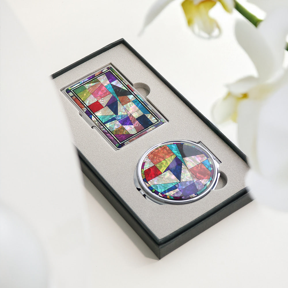 2-Piece Set: Mother of Pearl Business Card Case Hand Mirror N